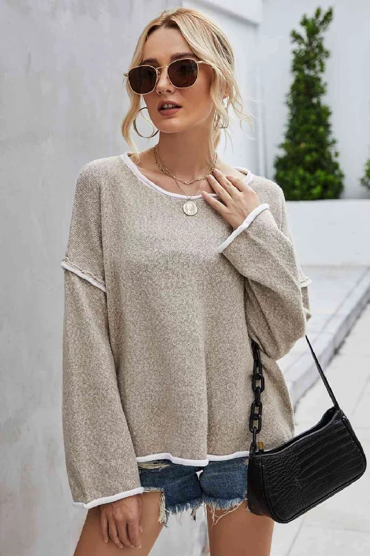 Round Neck Dropped Shoulder SweaterAcrylic Knit Tops