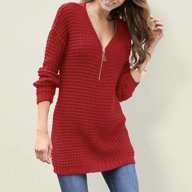 Gorgeous Zippers Oversized Women's Jumper - Chic Sweater - Winter Warm Slim Tunic Deep V Neck Office Ladies Sweaters (TB8C)(TP4)(BCD2)(F20)(F23)(F35)Fitted Knit Tops