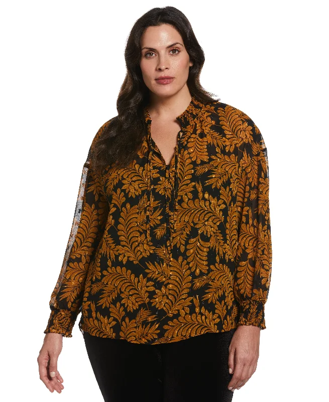 Plus Size Metallic Leaves Print BlousePlus size women's striped tops