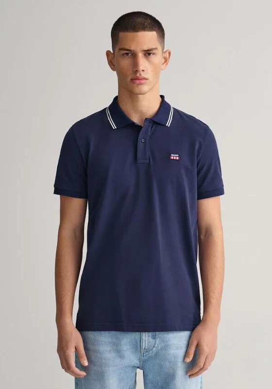 Gant Striped Contrast Collar Pique Polo Shirt, Evening BlueLounge polo shirt