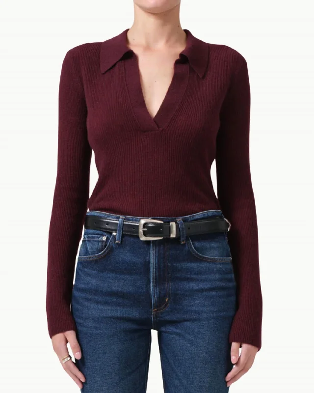 Simone Polo Sweater In BurgundyEmbroidered Knit Tops