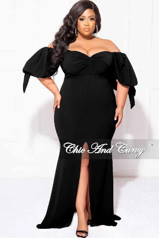 Final Sale Plus Size Puffy Sleeve Gown with Front Slit in BlackWomen's short sleeve tops