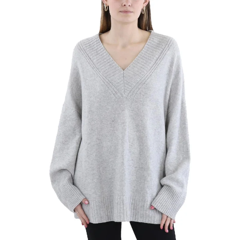 Womens Ribbed Trim  Cashmere Pullover SweaterColorblock Knit Tops