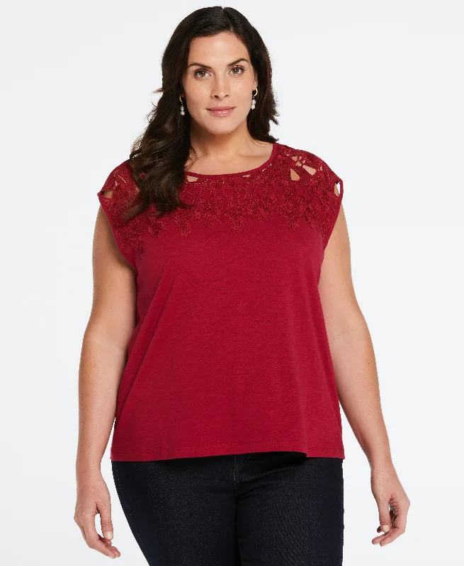 Plus Size 100% Cotton Lace Yoke TopWomen's party tops