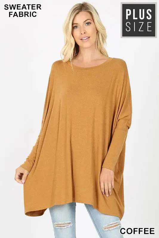 PLUS  SIZE  SWEATER FABRIC OVERSIZE ROUND NECK PONCHO  HT-2555X-ILounge Knit Tops