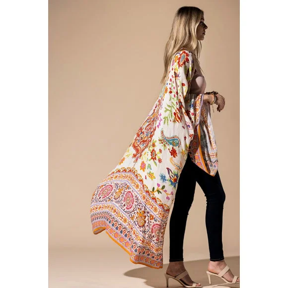 Colorful Vibrant Delphi Floral Paisley Open Wrap Duster Kimono Top One Size