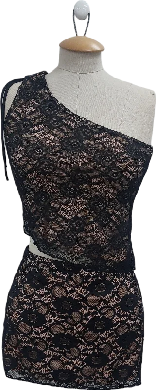 PrettyLittleThing Black Lace Ruched Side Low Rise Mini Skirt And Asymmetric Top UK 8