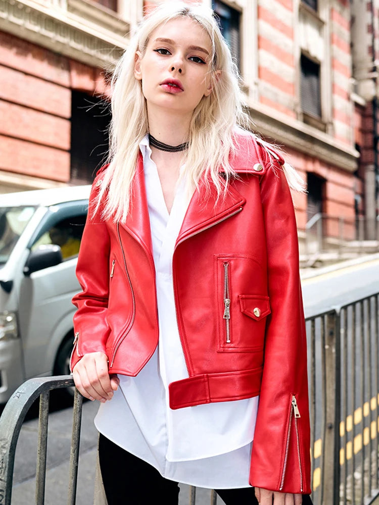 Statement JacketsEdgy Red Biker Jacket PU Leather Autumn Outerwear