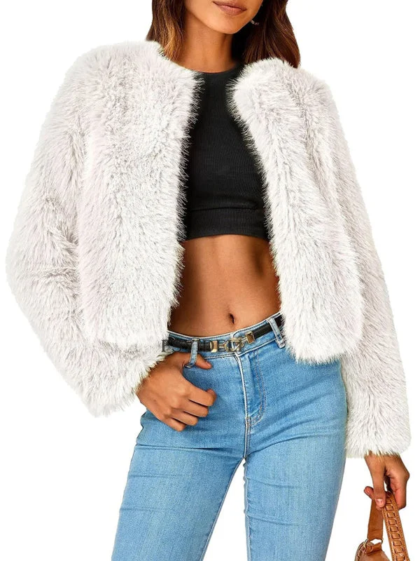 Beaded JacketsFluffy Faux-fur Winter Open Front Fuzzy Jacket