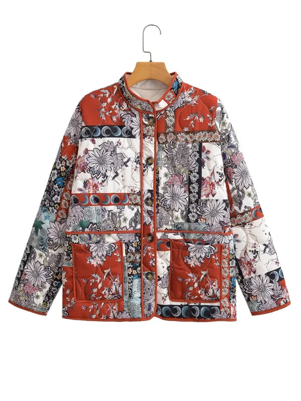 Festival JacketsNature-Inspired Print High Neck Quilted Jacket Perfect for Fall