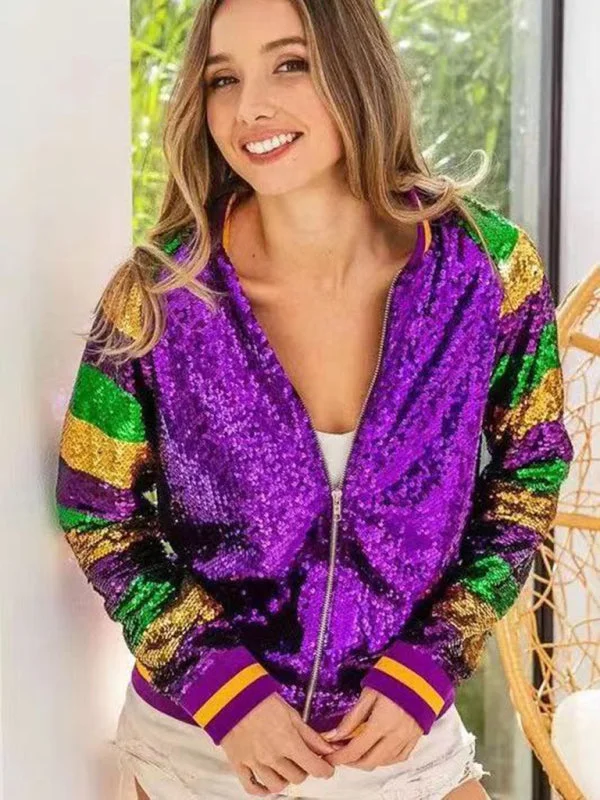 Logo JacketsSparkling Mardi Gras Sequined Baseball Zip-Up Sport Jacket