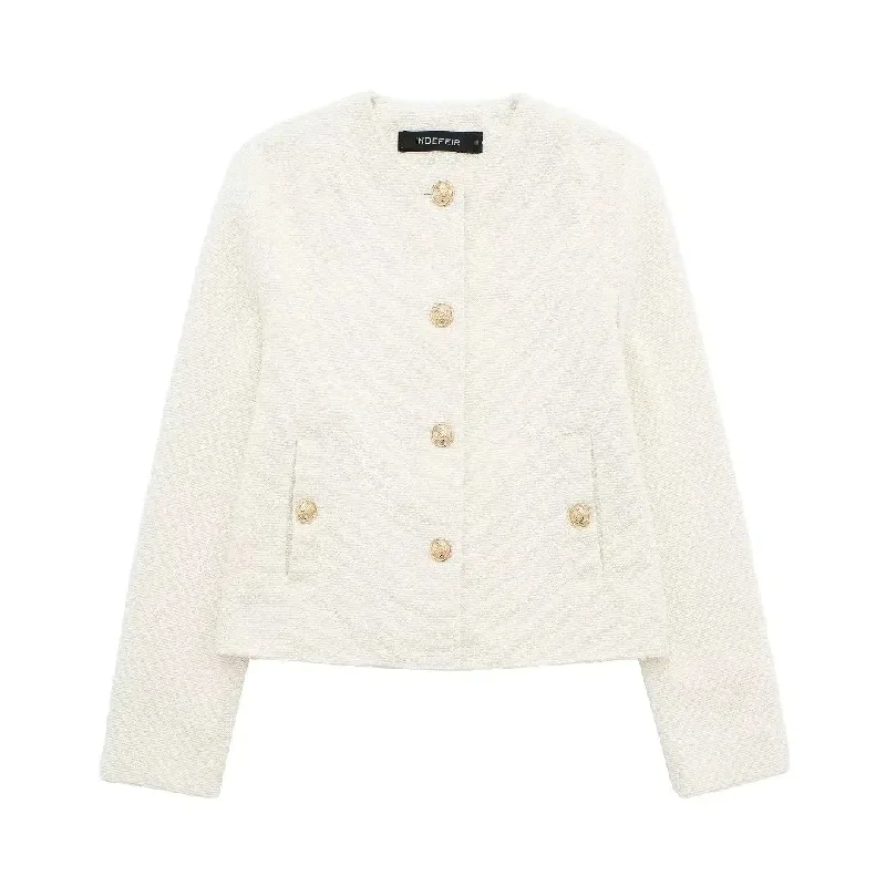 Hemp JacketsWomen Elegant Ivory Jacket with Gold-Tone Accents