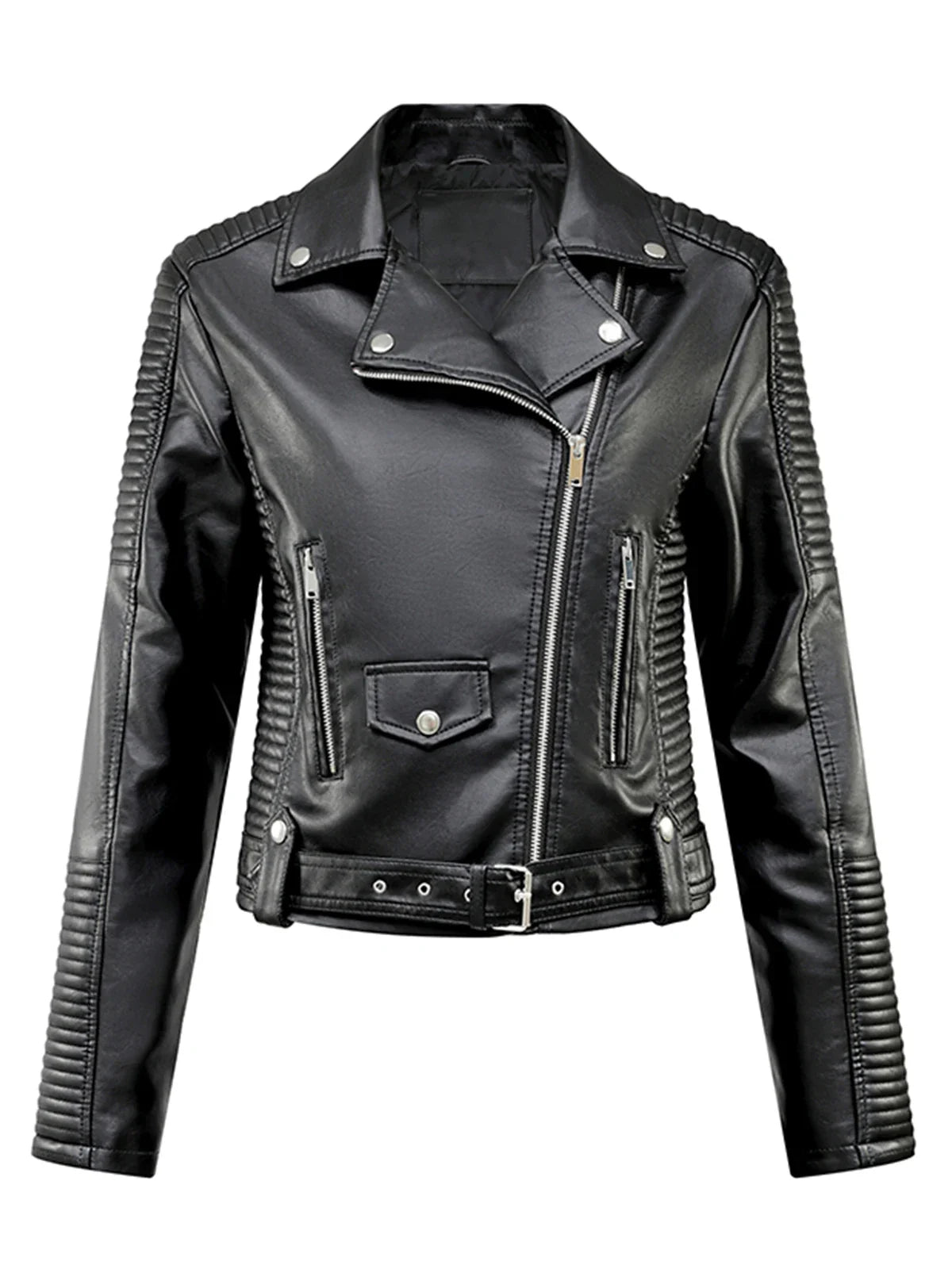 Windproof JacketsWomen Faux Leather Belted Moto Biker Jacket