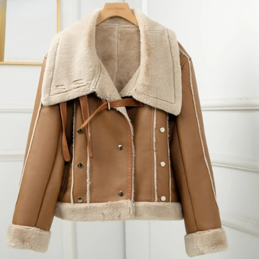 Reflective JacketsWomen Faux Leather Shearling-Lined Aviator Jacket for Winter Layering