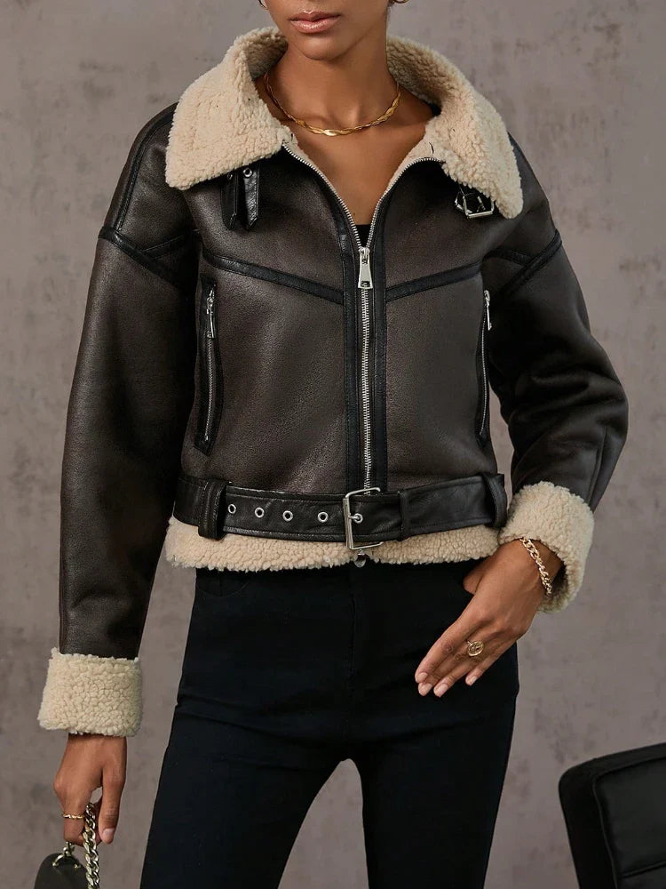 Summer JacketsWomen Shearling-Lined Biker Jacket – Outerwear for Fall and Winter