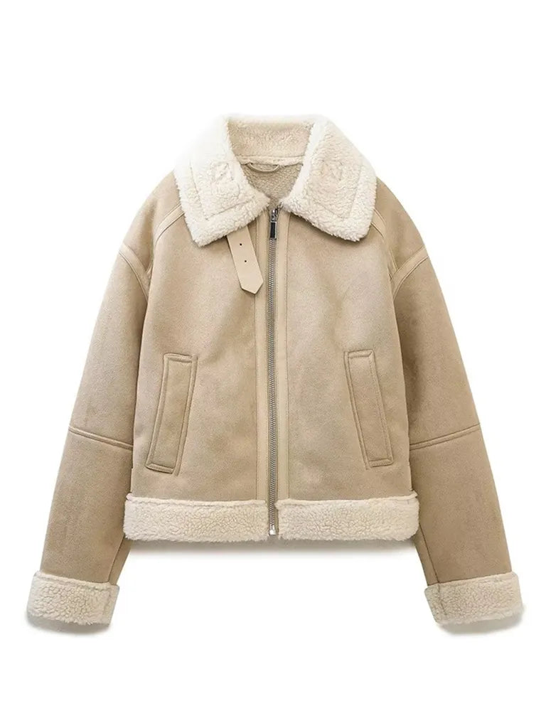 Urban JacketsWomen's Aviator Jacket in Faux Lamb Wool & Suede Leather